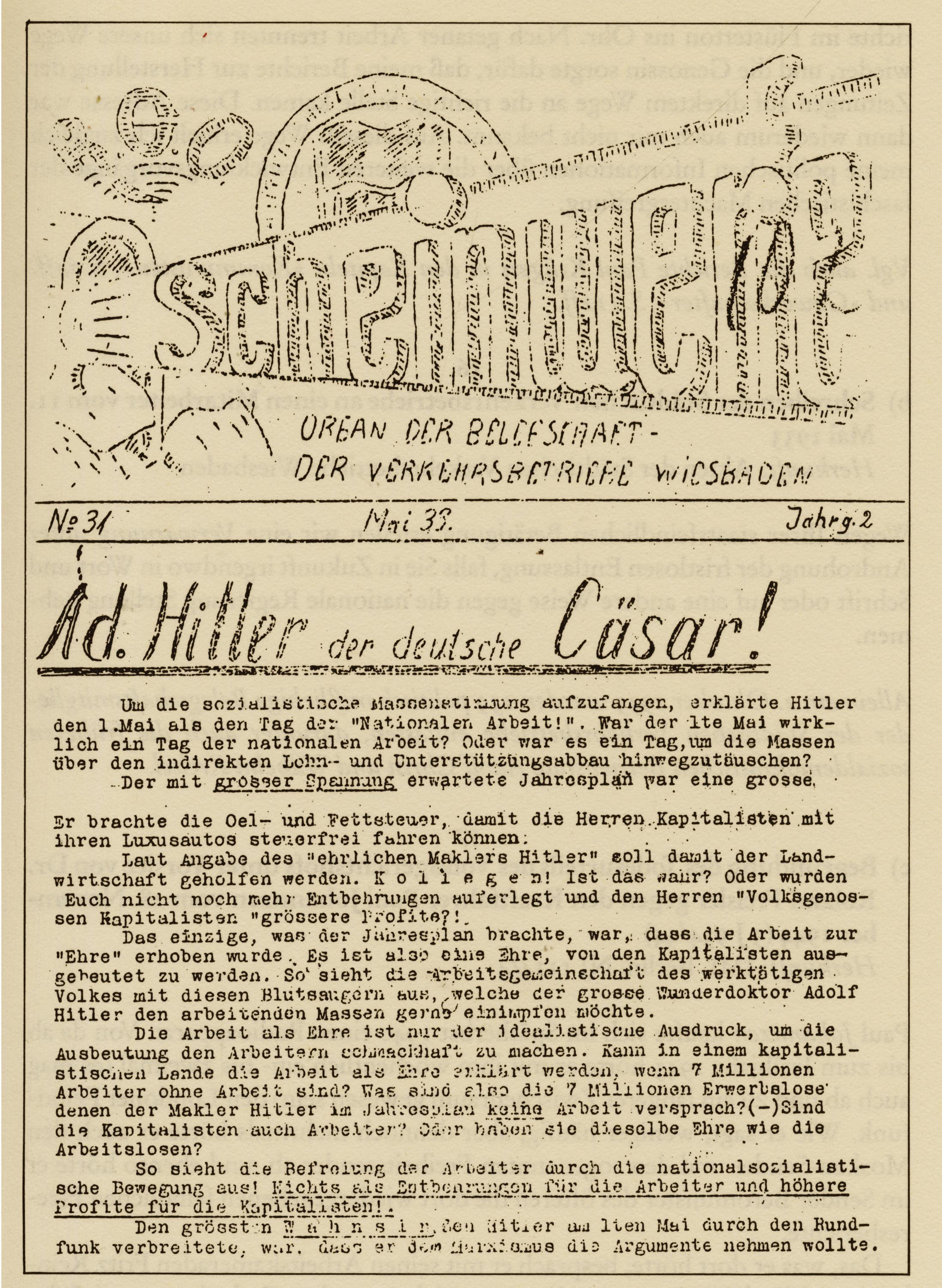 Titelseite der illegalen Betriebszeitung der Revolutionären Gewerkschaftsopposition der KPD für die Beschäftigten der Verkehrsbetriebe Wiesbaden, Mai 1933 [ZUM RGO-SCHEINWERFER]